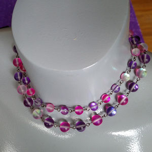 Purple pink glass double strand choker necklace